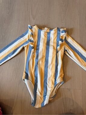 Long-Sleeve Kids Rashguard One-Piece in Yellow & Blue Stripe